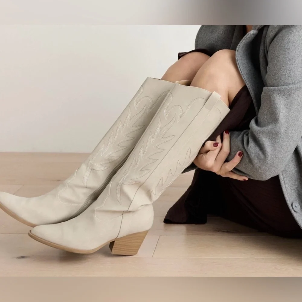 LC Lauren Conrad Women’s Knee-High Western Boot - Cream Size 9.5